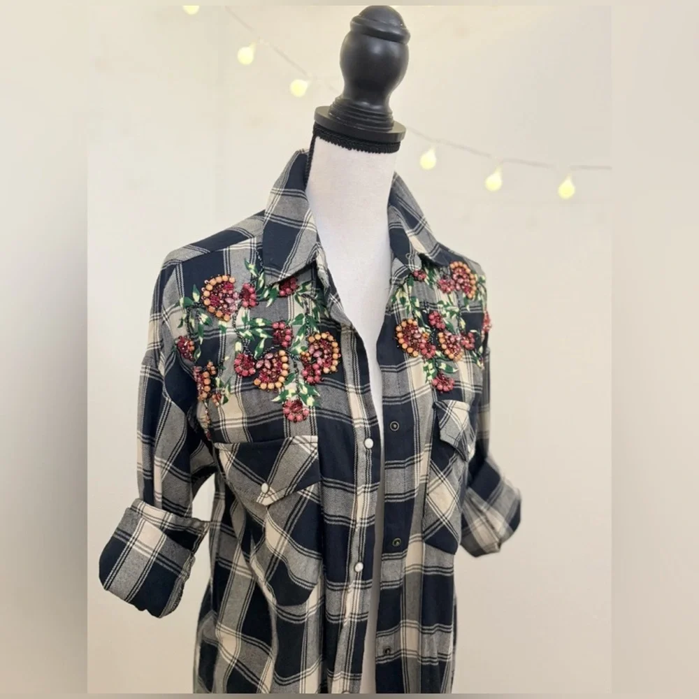 🌾 Zara Western Meets Boho Button Up Shirt‎ with Jewel Embroidery